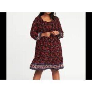 Old Navy Swing Dress XXL‎ Red Floral Tie Neck Velvet Trim Cottagecore Whimsigoth